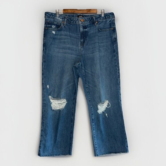 Express Jeans 90s Ankle Boot Mid Rise Rigid Blue Denim Raw Hem Fray Distress 14R - Picture 1 of 15